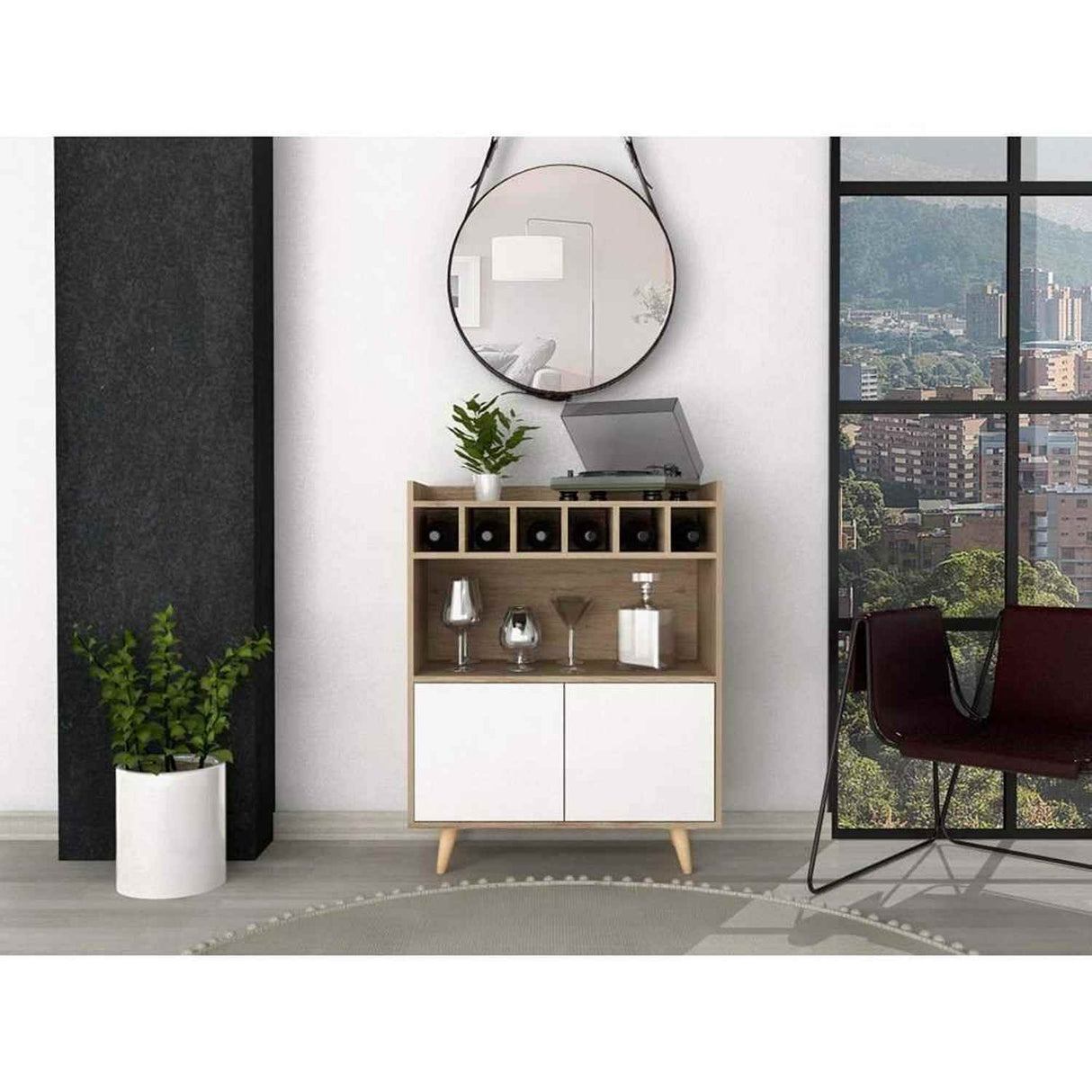 Bar Bora Rovere y Blanco 78.4x100cm con Tres Compartimientos y con Seis Portabotellas - Bares | Bylmo