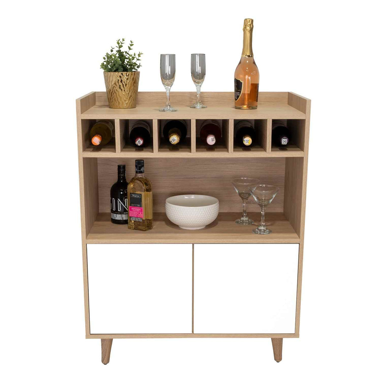 Bar Bora Rovere y Blanco 78.4x100cm con Tres Compartimientos y con Seis Portabotellas - Bares | Bylmo