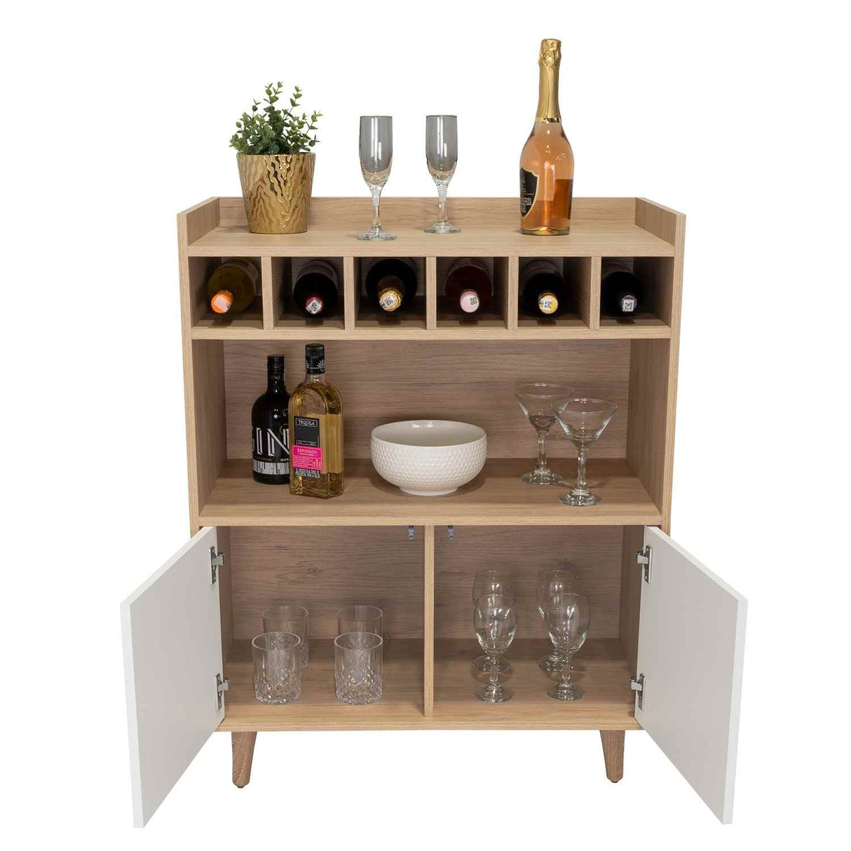 Bar Bora Rovere y Blanco 78.4x100cm con Tres Compartimientos y con Seis Portabotellas - Bares | Bylmo