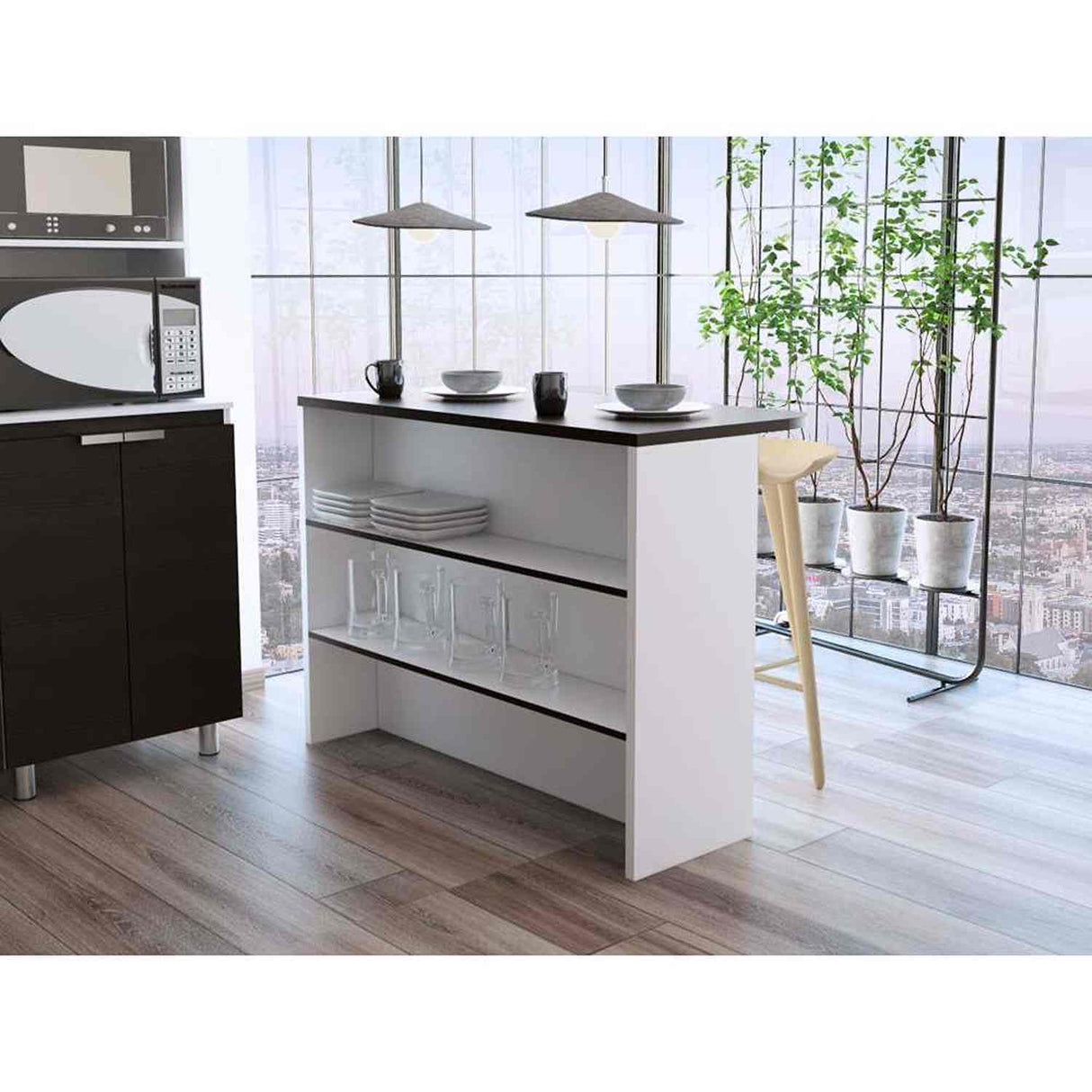 Barra de Cocina Fendi Blanco y Wengue 120x90cm con Dos Entrepaños y con Dos Comportamientos - Muebles Organizadores | Bylmo