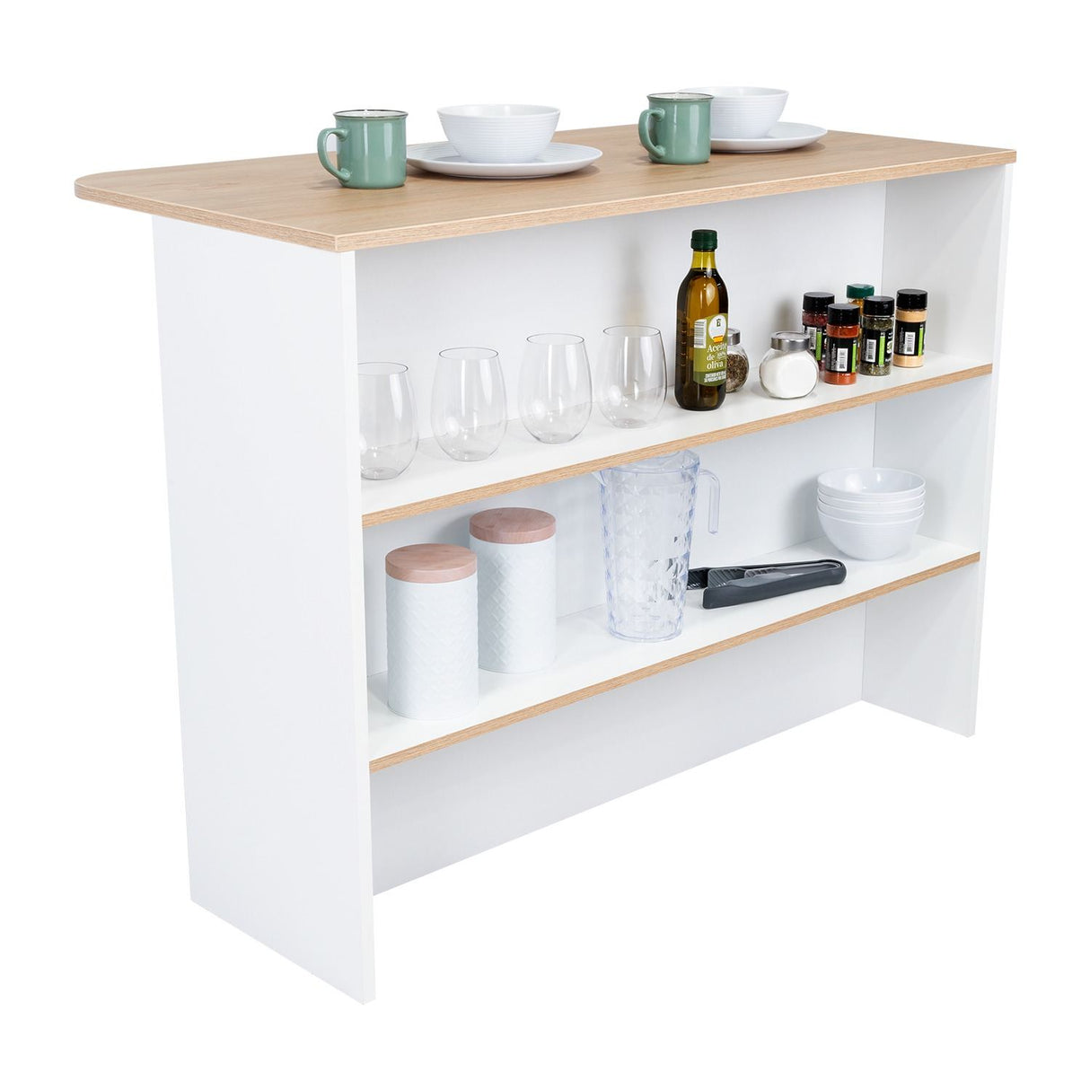 Mueble Auxiliar de Cocina Fendi Rovere y Blanco 120x90cm con Dos Entrepaños y Tres Compartimientos - Barras y Muebles Auxiliares | Bylmo