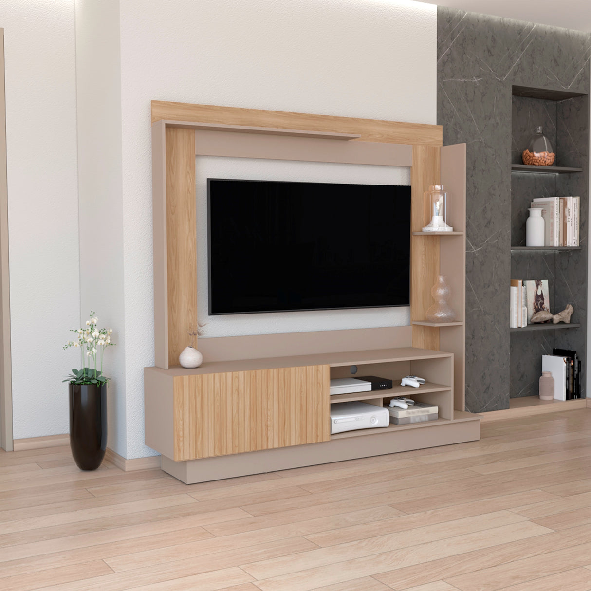 Centro de Entretenimiento Doha Taupe 180x180cm Para TV Hasta 60 Pulgadas con Un Cajón y con Ranuras para Cables - Muebles de TV | Bylmo
