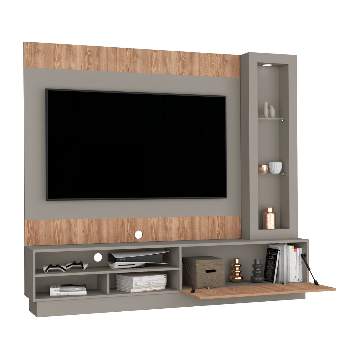 Centro de Entretenimiento Yakarta Taupe 200x180cm Para TV Hasta 70 Pulgadas con Un Cajón y con Ranuras para Cables - Muebles de TV | Bylmo