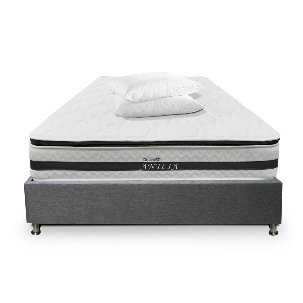 Combo Base Cama y Colchón DreamOn Antlia Gris Queen 160 cm Rectangular con Dos Almohadas