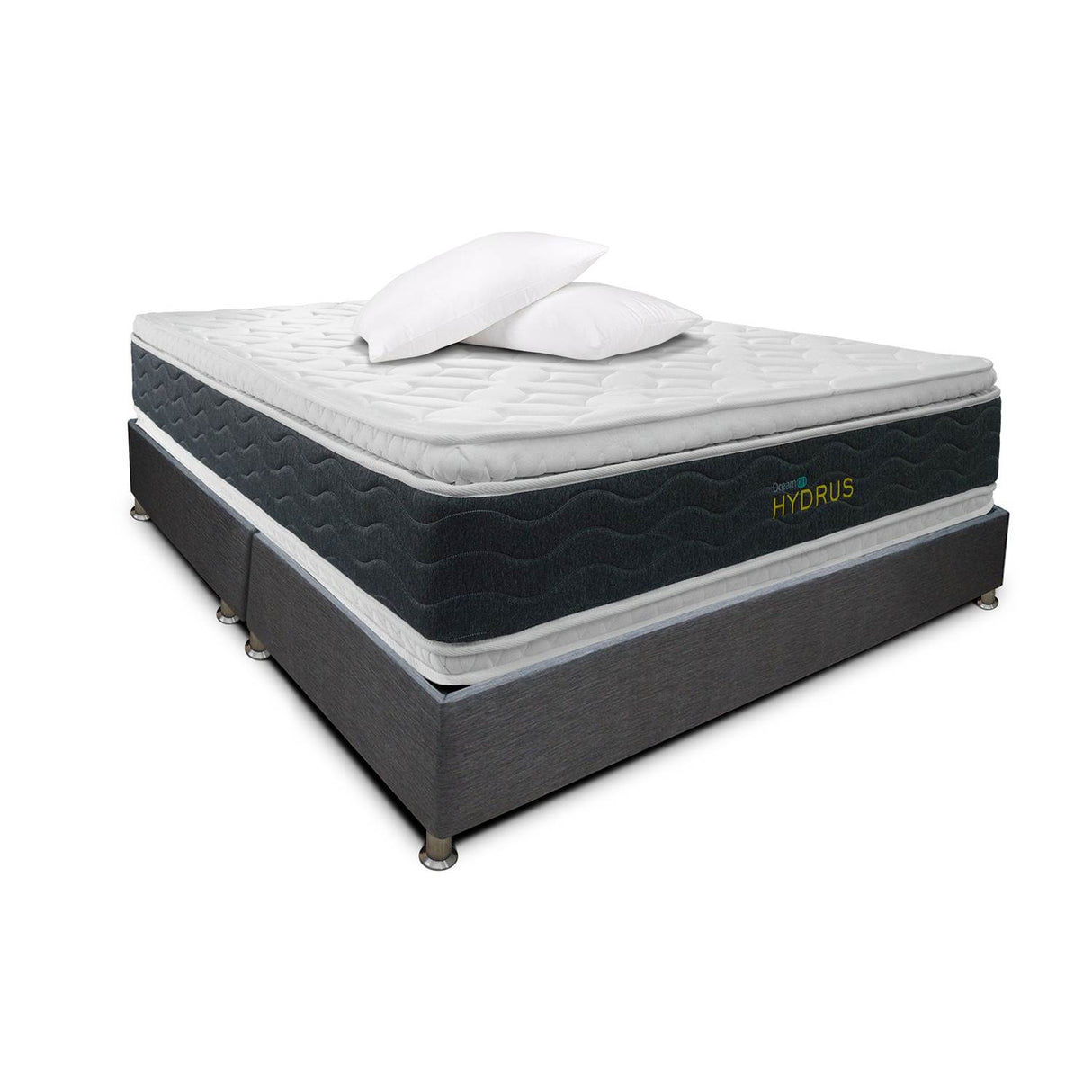 Combo Base Cama y Colchón DreamOn Hydrus Gris King 200 cm Rectangular con Dos Almohadas