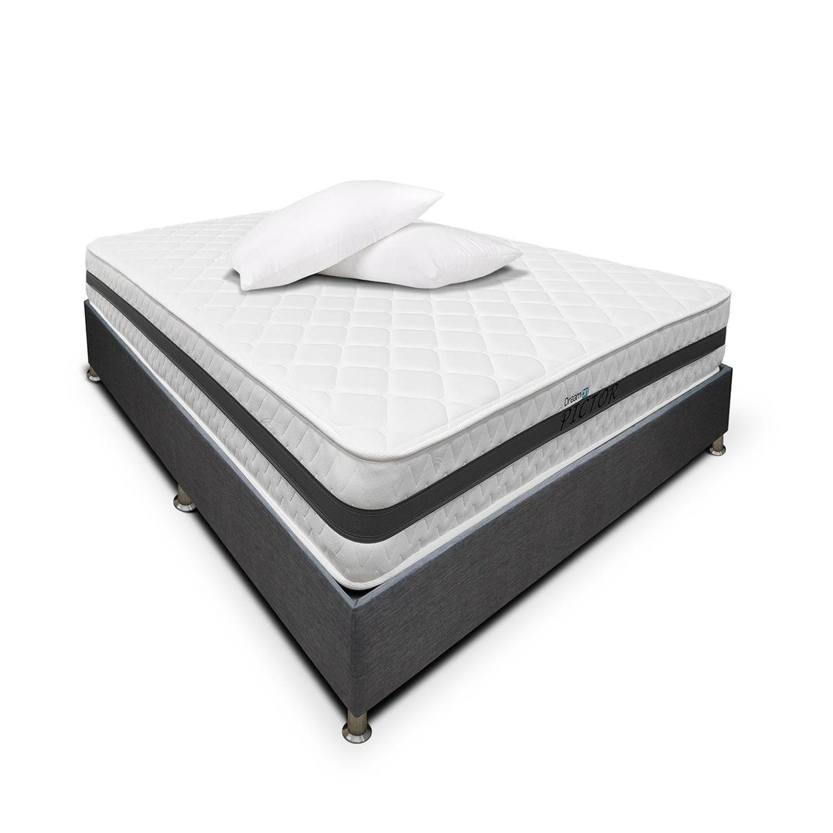 Combo Base Cama y Colchón DreamOn Pictor Gris Doble 140 cm Rectangular con Dos Almohadas
