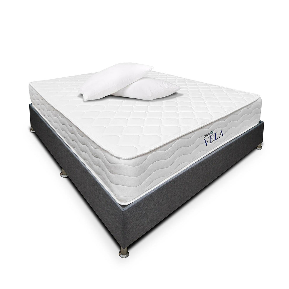 Combo Base Cama y Colchón DreamOn Vela Gris Doble 140 cm Rectangular con Dos Almohadas