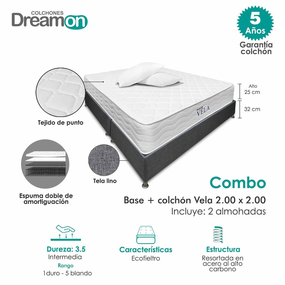 Combo Base Cama y Colchón DreamOn Vela Gris King 200 cm Rectangular con Dos Almohadas