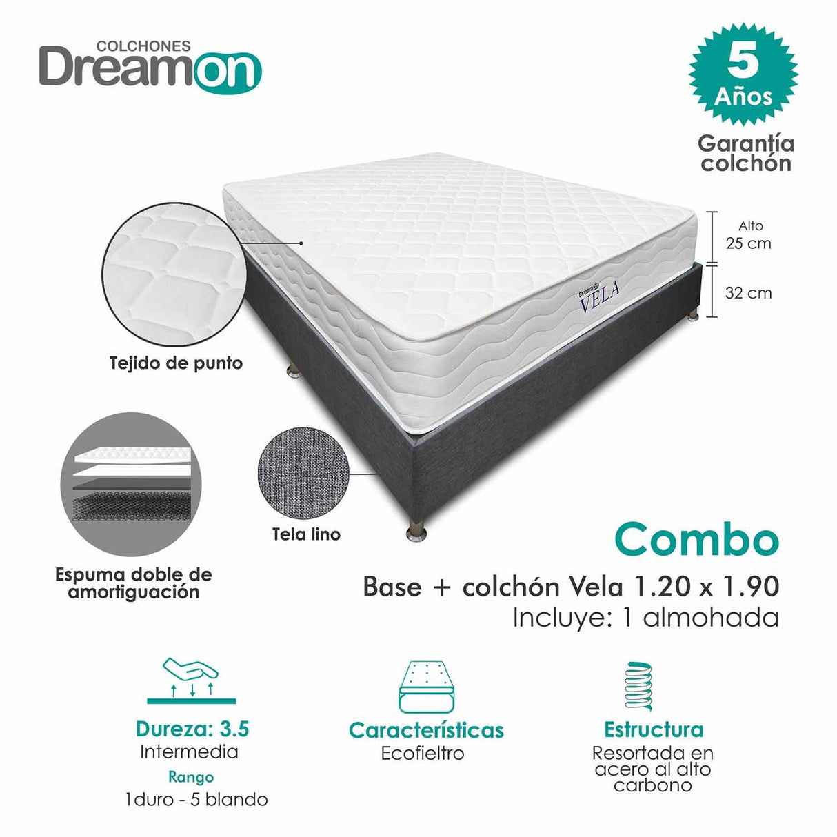 Combo Base Cama y Colchón DreamOn Vela Gris Semidoble 120 cm Rectangular con Una Almohada