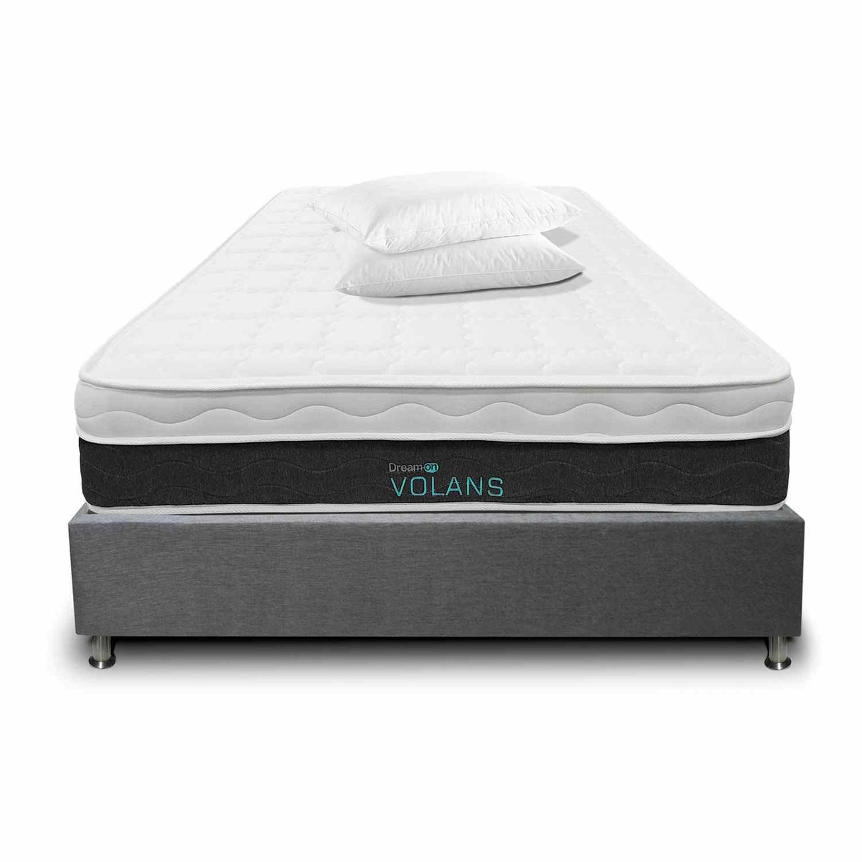 Combo Base Cama y Colchón DreamOn Volans Gris King 200 cm Rectangular con Dos Almohadas