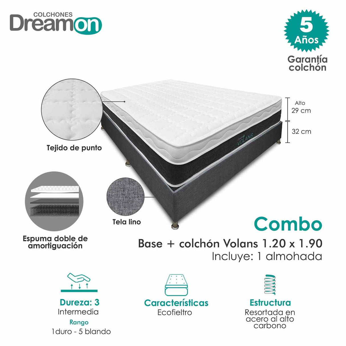 Combo Base Cama y Colchón DreamOn Volans Gris Semidoble 120 cm Rectangular con Una Almohada
