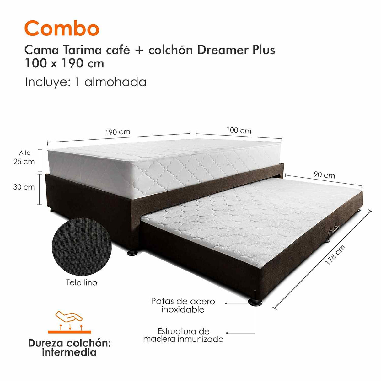 Combo Cama Tarima y Colchón Dreamer Café Sencilla 100 cm Rectangular con Una Almohada