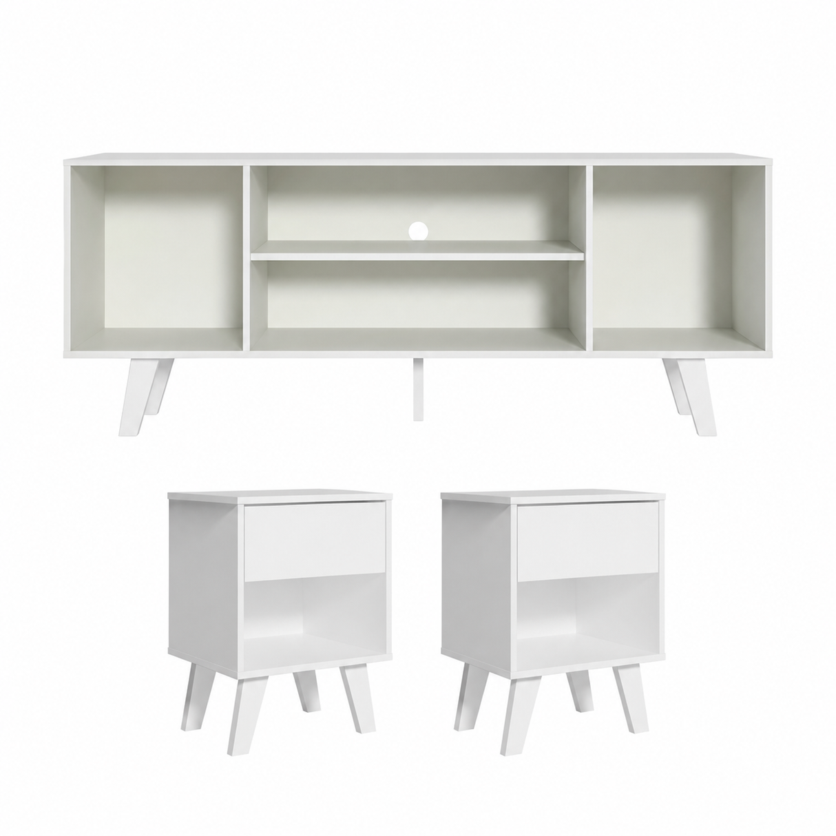 Combo Rack de TV Copenhague Blanco y Mesa de Noche x2 Blanco