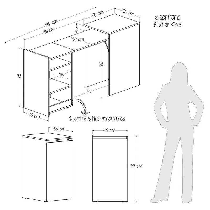 Escritorio Expansible M01563 Duna 40x77cm sin Cajones y con Organizador de Libros - Escritorios y Archivadores | Bylmo
