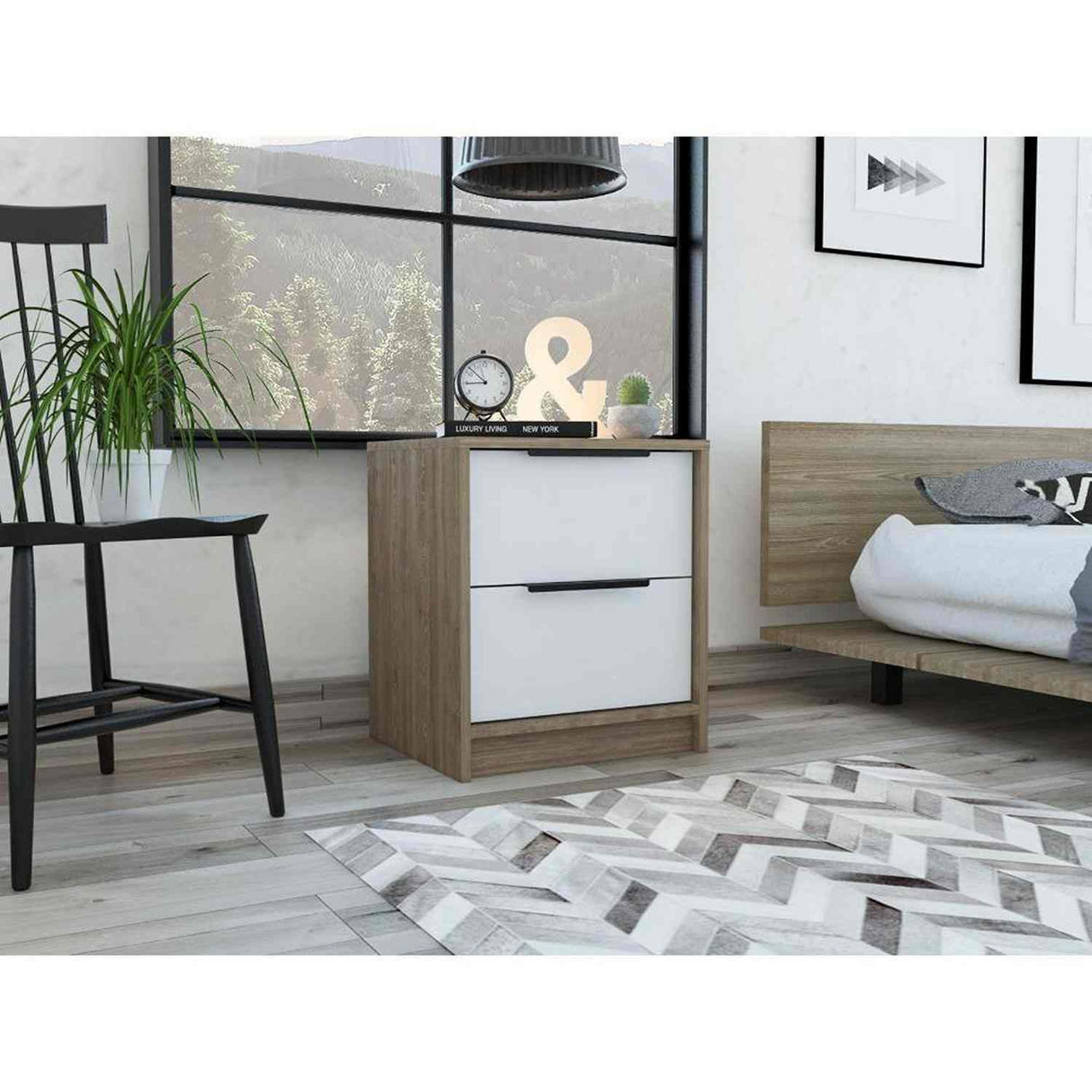 Mesa de Noche Kaia Miel y Blanco 48x41cm con Dos Cajones - Mesas de Noche | Bylmo
