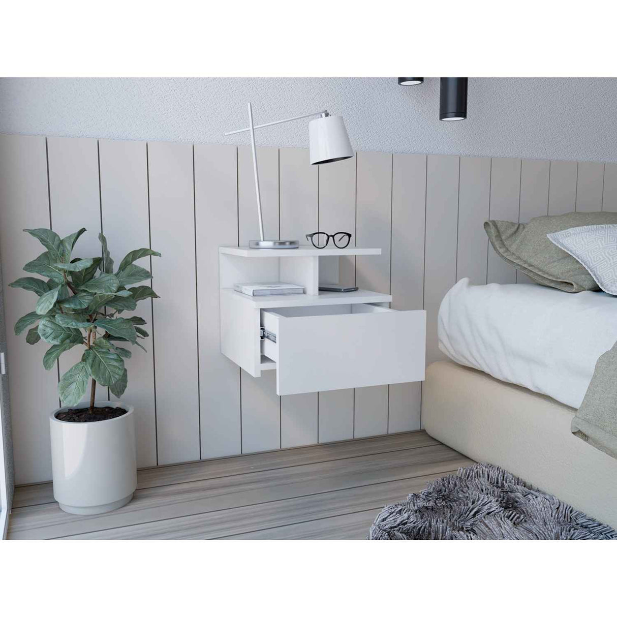 Mesa de Noche Flotante Blanco 36x30cm con Un Cajón y con Un Compartimiento - Mesas de Noche | Bylmo