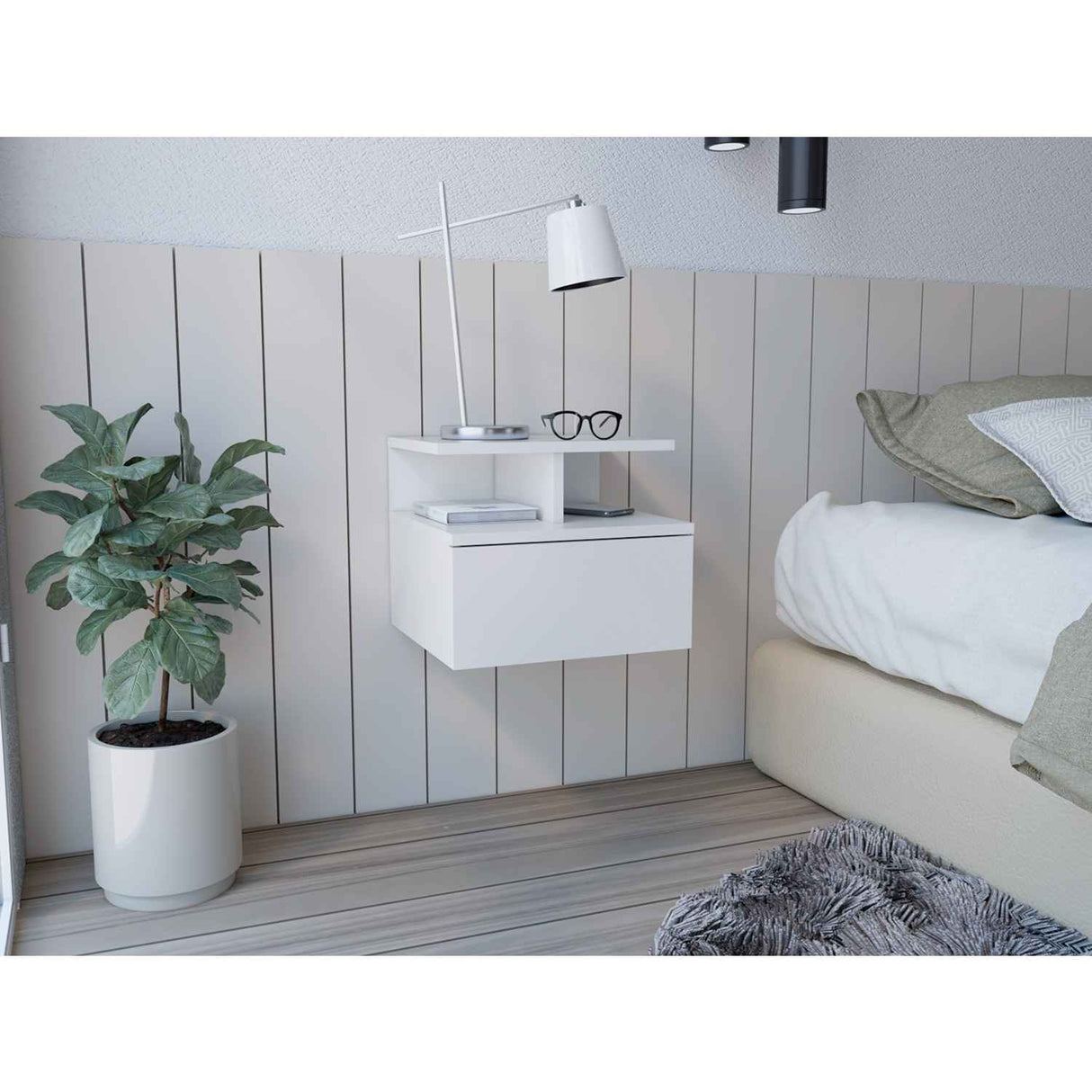 Mesa de Noche Flotante Blanco 36x30cm con Un Cajón y con Un Compartimiento - Mesas de Noche | Bylmo
