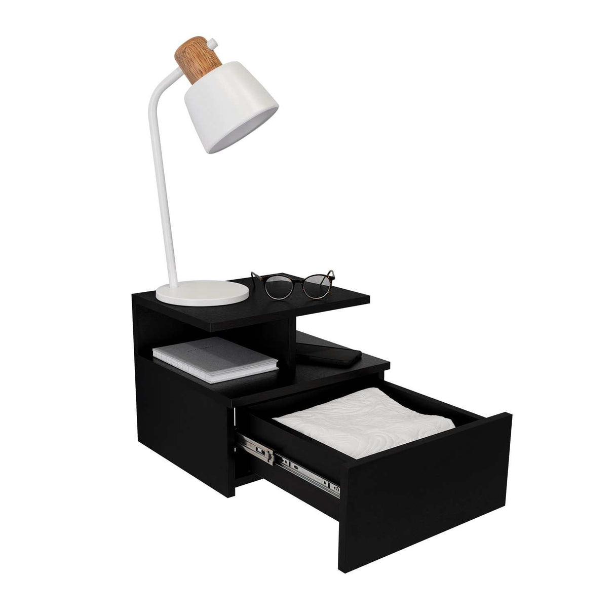 Mesa de Noche Flotante Wengue 36x30cm con Un Cajón y con Dos Compartimientos - Mesas de Noche | Bylmo