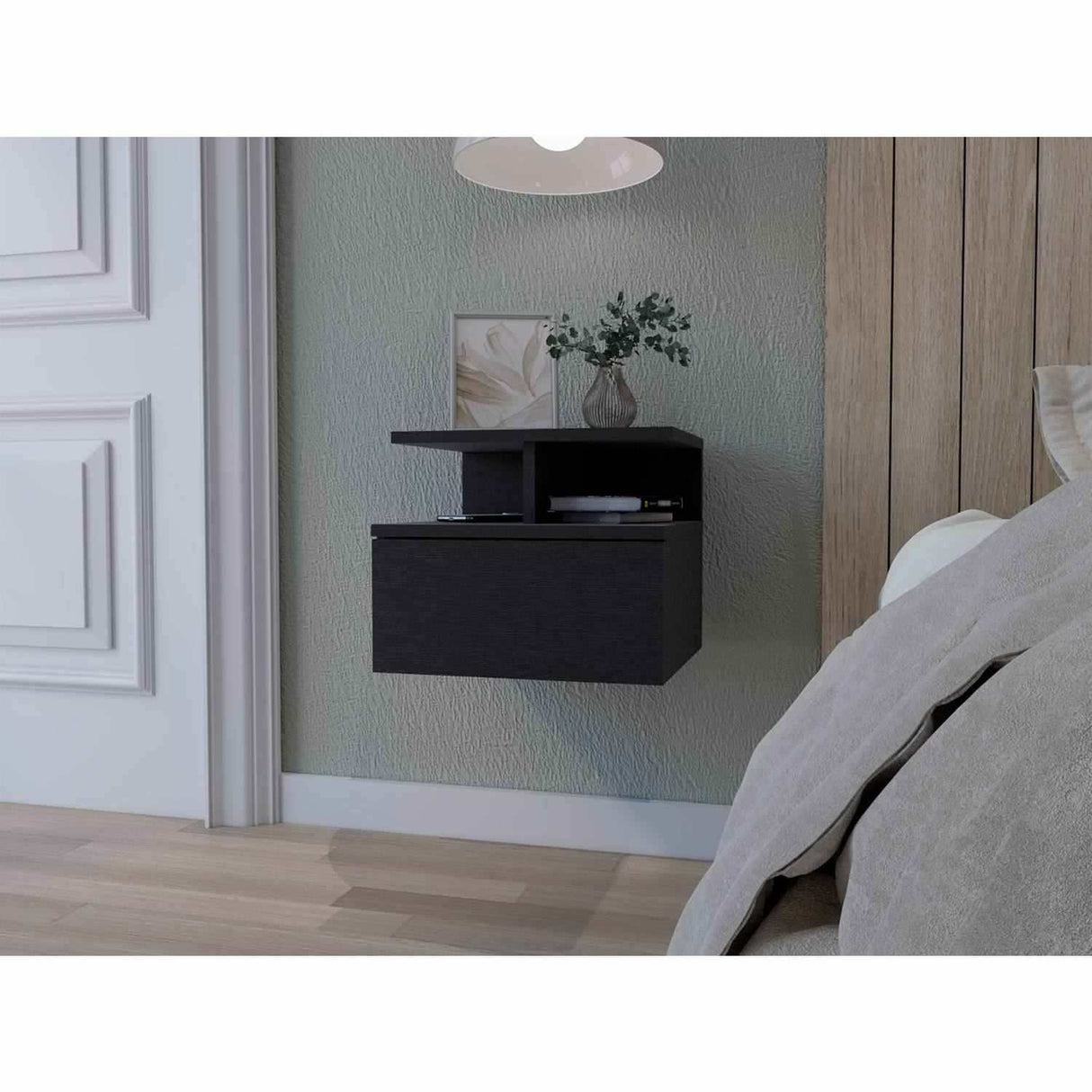 Mesa de Noche Flotante Wengue 36x30cm con Un Cajón y con Dos Compartimientos - Mesas de Noche | Bylmo