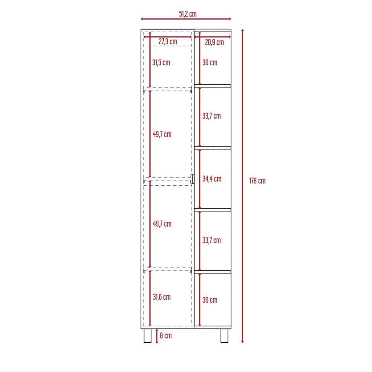 Optimizador de Baño Bath Rovere y Blanco 51.2x178.1cm sin Cajones y con Cuatro Entrepaños
