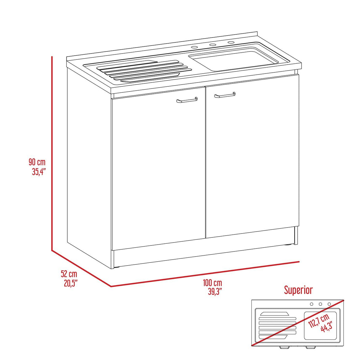 Mueble Inferior Napoles Blanco 100x90cm con Mesón de Acero Inoxidable y con Pozuelo Lado Derecho - Cocinas | Bylmo