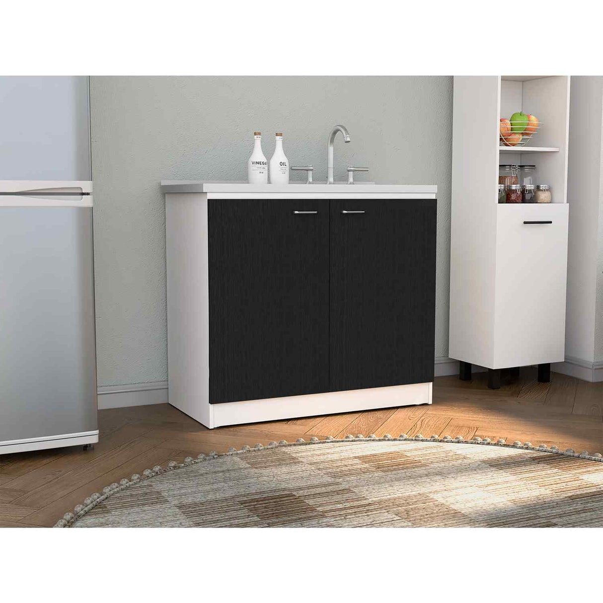 Mueble Inferior Napoles Wengue y Blanco 100x90cm con Mesón de Acero Inoxidable y con Pozuelo Lado Derecho - Cocinas | Bylmo