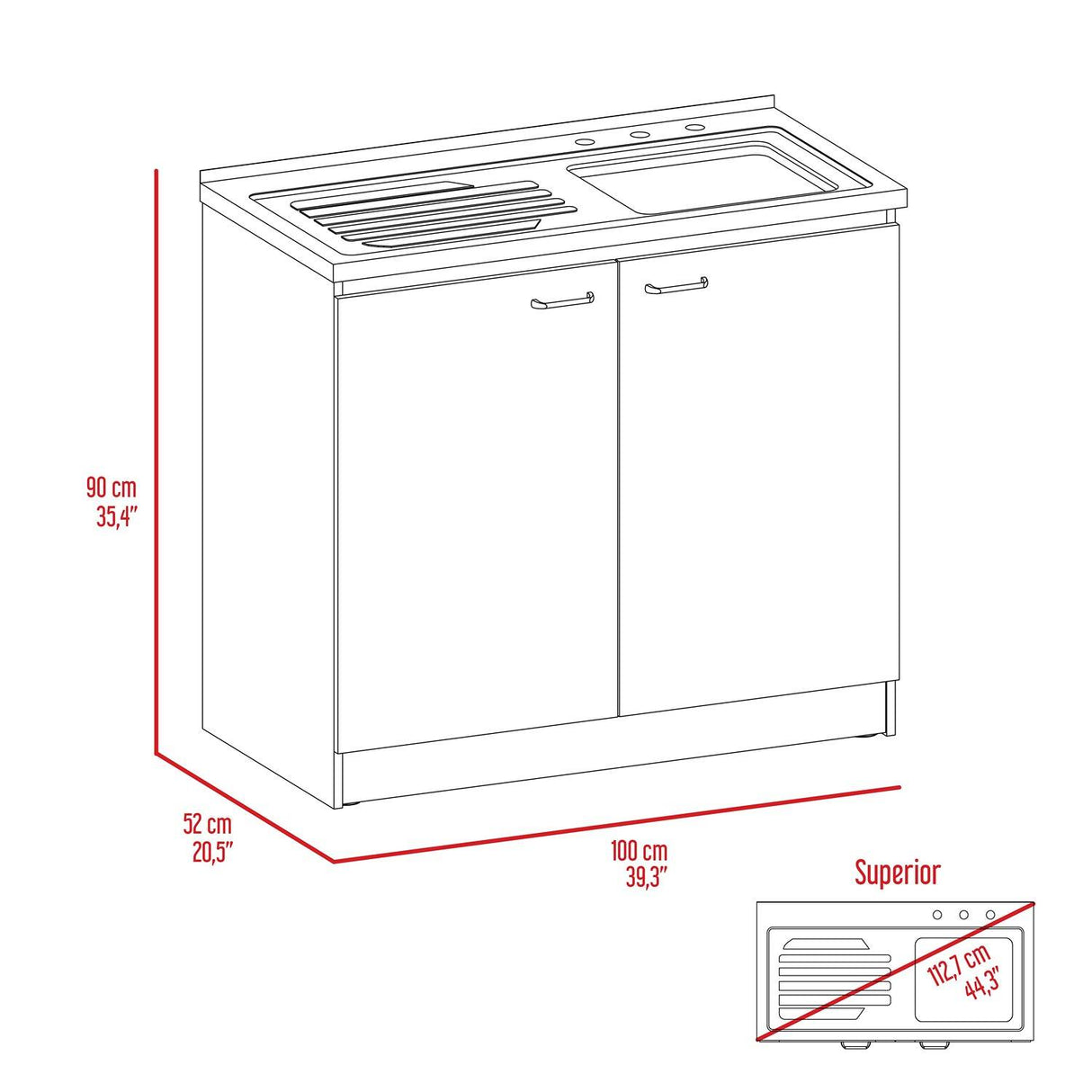Mueble Inferior Napoles Wengue y Blanco 100x90cm con Mesón de Acero Inoxidable y con Pozuelo Lado Derecho - Cocinas | Bylmo