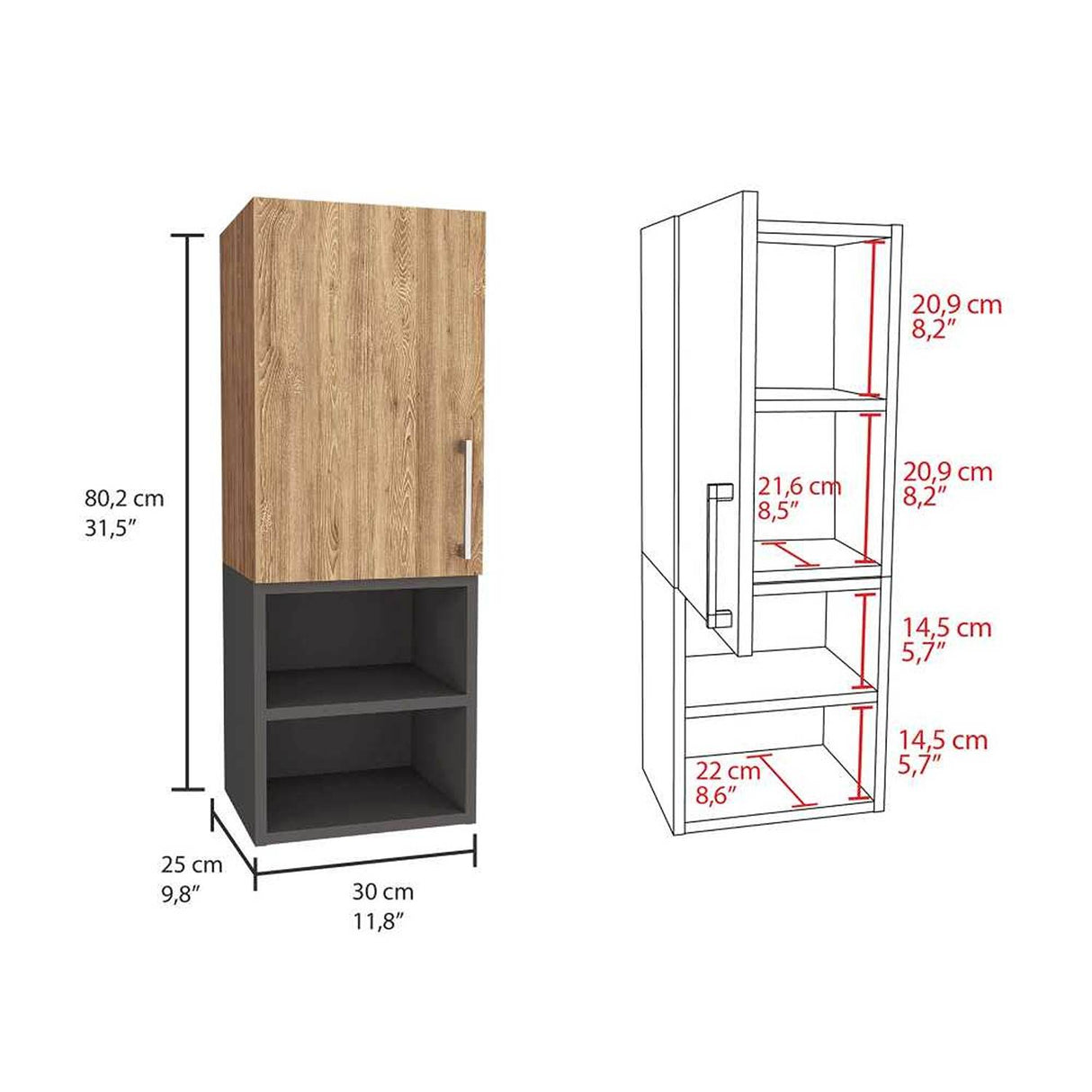Gabinete de Baño Madrid Miel y Plomo 30x80cm Rectangular con Dos Entrepaños - Gabinetes | Bylmo