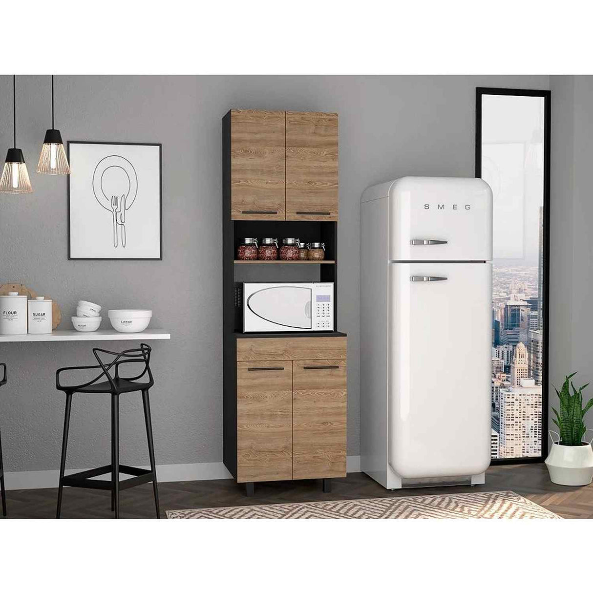 Mueble Microondas Luna Miel y Wengue 60 cm con Cuatro Puertas y Entrepaño - Muebles Organizadores | Bylmo