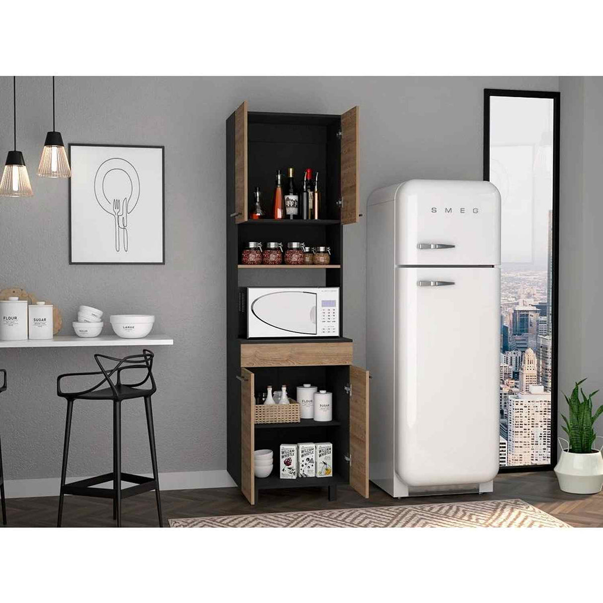 Mueble Microondas Luna Miel y Wengue 60 cm con Cuatro Puertas y Entrepaño - Muebles Organizadores | Bylmo