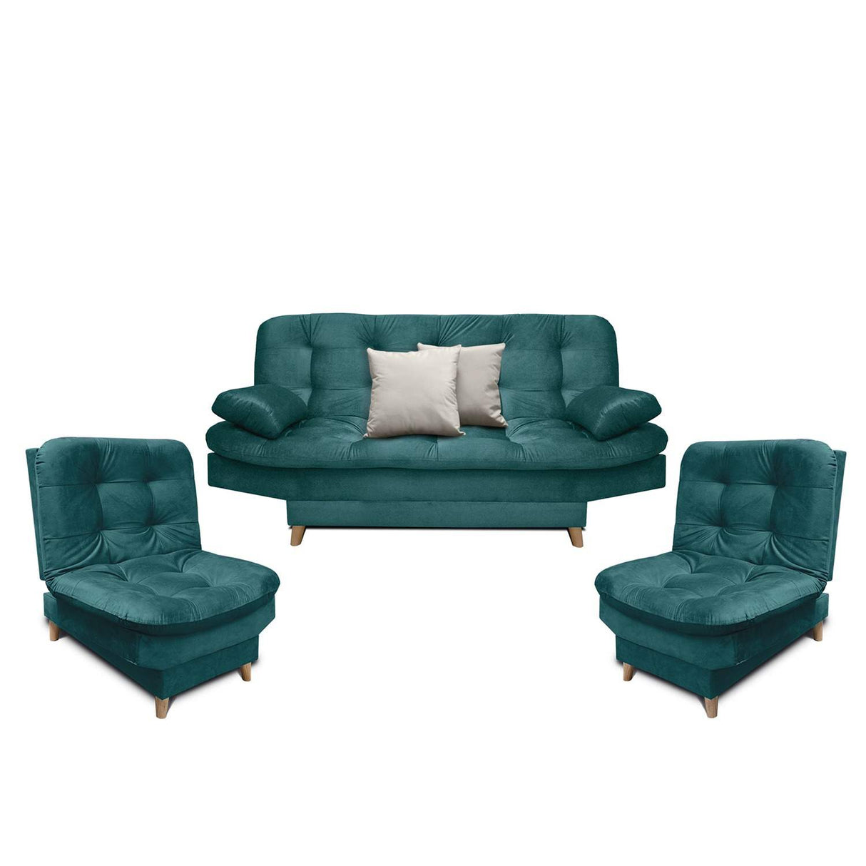 Sala Clic Clac Fendik Turquesa 210 cm con Sofá de 3 Puestos, 2 Poltronas Reclinables y Cojines Decorativos