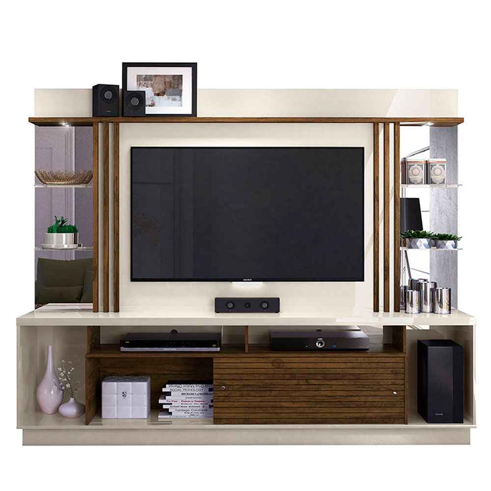 Centro de Entretenimiento Frizz Gold Blanco y Cafe 230 cm con Dos Puertas y Entrepaños de Vidrio - Muebles para TV | Bylmo
