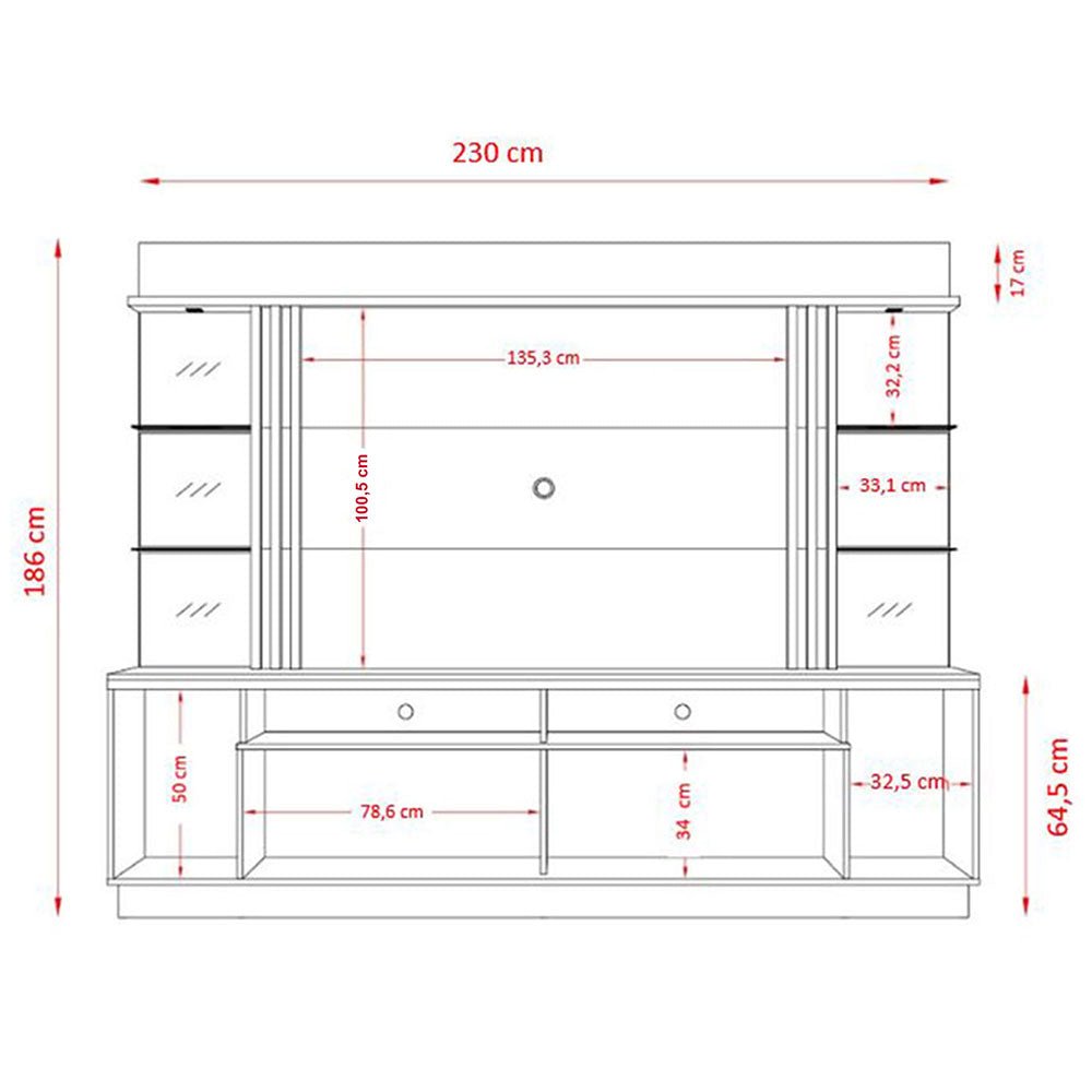 Centro de Entretenimiento Frizz Gold Blanco y Cafe 230 cm con Dos Puertas y Entrepaños de Vidrio - Muebles para TV | Bylmo