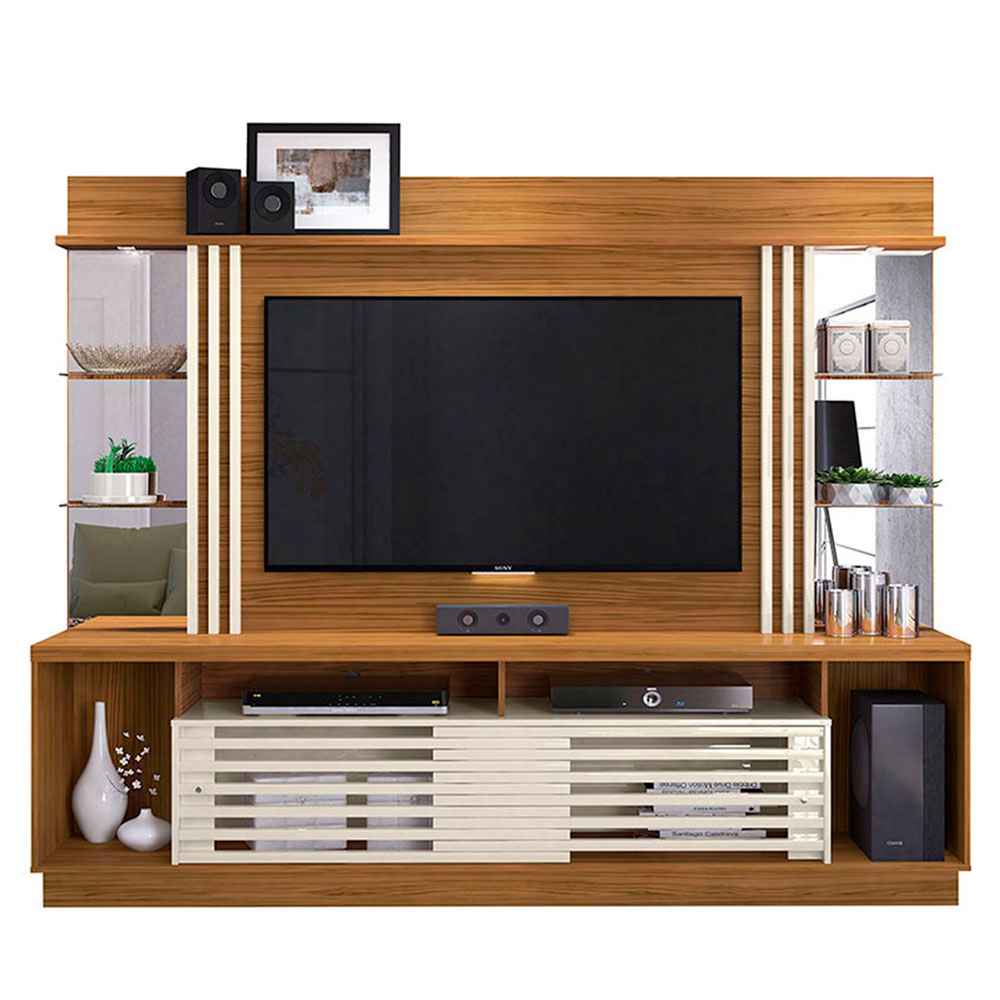 Centro de Entretenimiento Frizz Gold Cafe y Blanco 230 cm con Dos Puertas y Entrepaños de Vidrio - Muebles para TV | Bylmo