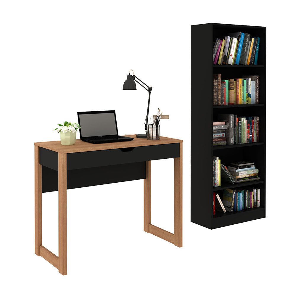 Combo Escritorio y Biblioteca Ámsterdam Negro 90 cm con Cajón y Entrepaños - Escritorios y Archivadores | Bylmo