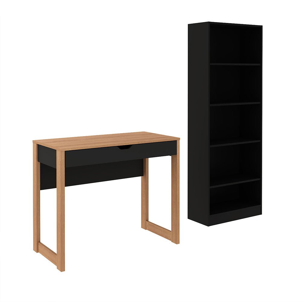 Combo Escritorio y Biblioteca Ámsterdam Negro 90 cm con Cajón y Entrepaños - Escritorios y Archivadores | Bylmo