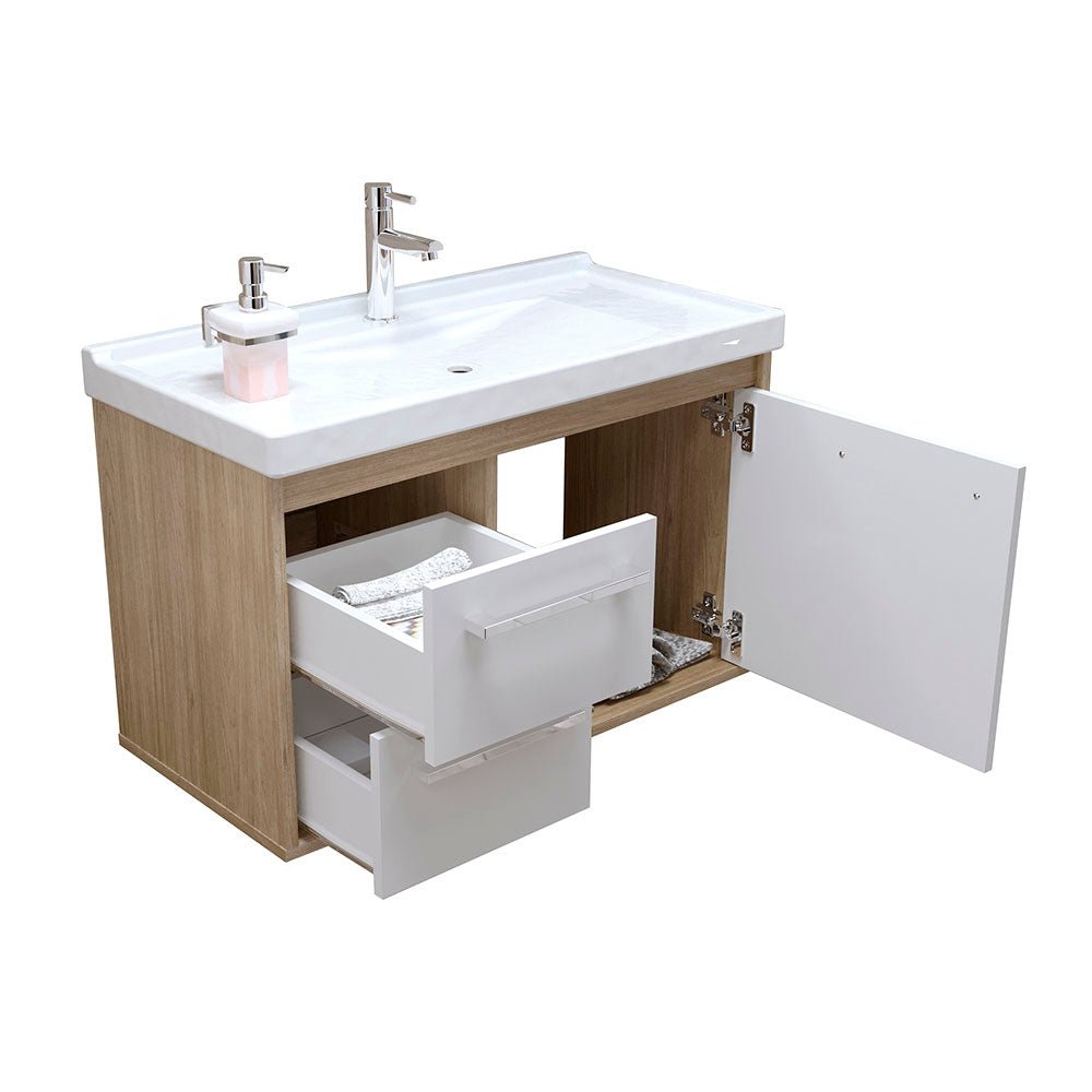 Mueble Salvatore Savana y Blanco 63 cm con Espejo, Una Puerta y Dos Cajones - Gabinetes | Bylmo