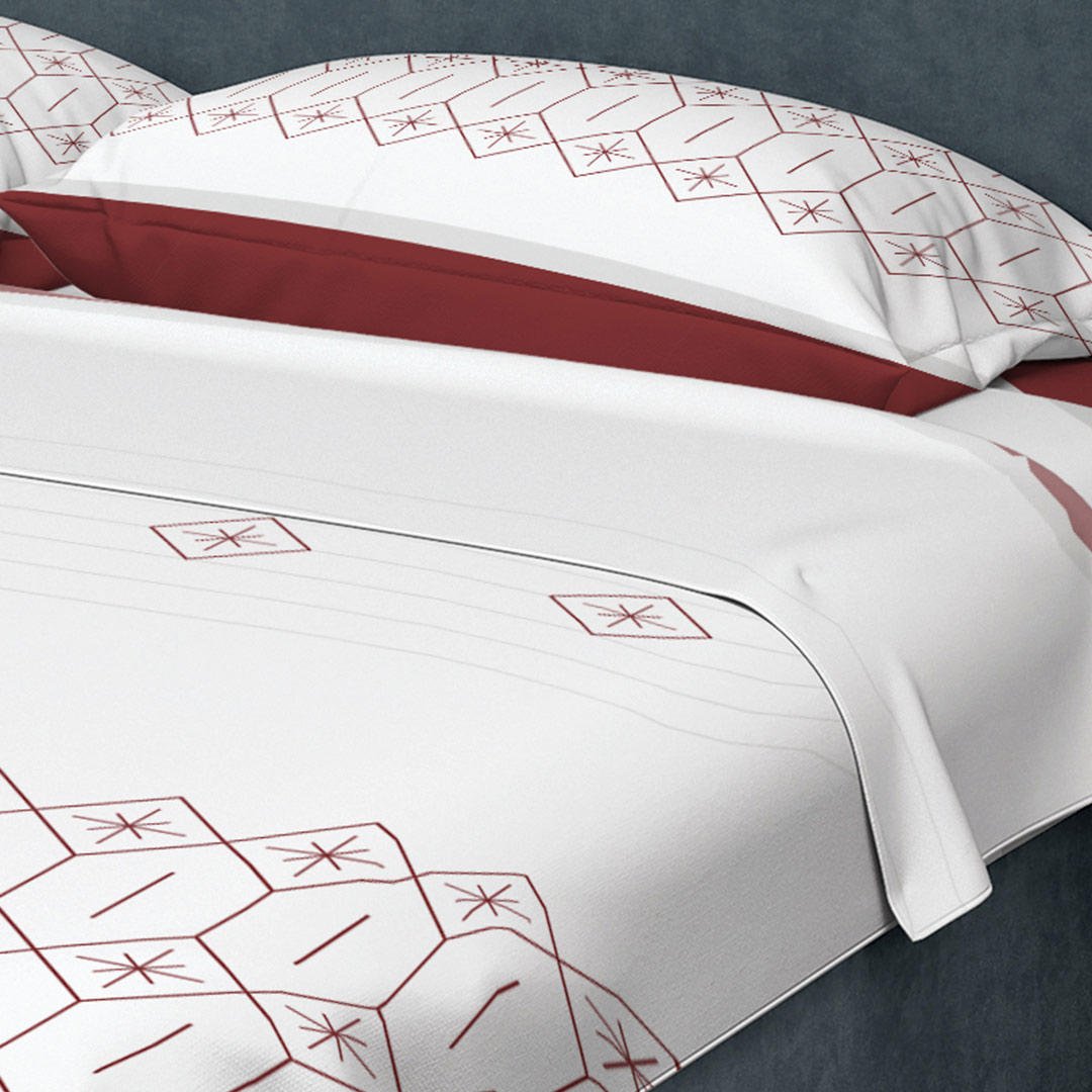 Juego de Sabanas Algodón 250 Hilos Queen 160 cm Blanco con Figuras Vino Tinto - Ropa de Cama | Bylmo