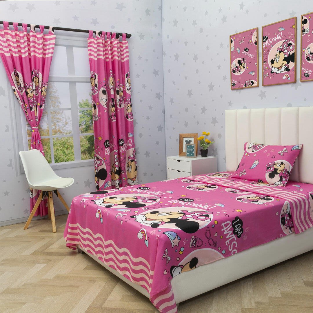 Combo Juego de Sabanas y Cortina Infantil Microfibra Sencilla 100 cm Rosado de Minnie - Ropa de Cama | Bylmo