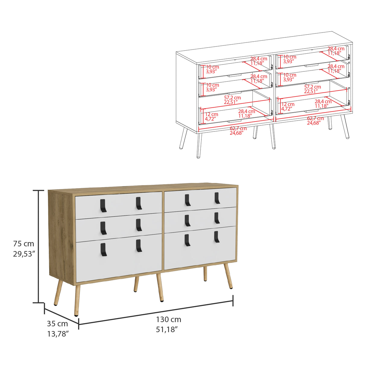 Cómoda Huna 6 cajones 35x75 cm Macadamia Amplio Almacenamiento - Cajoneras y Comodas | Bylmo