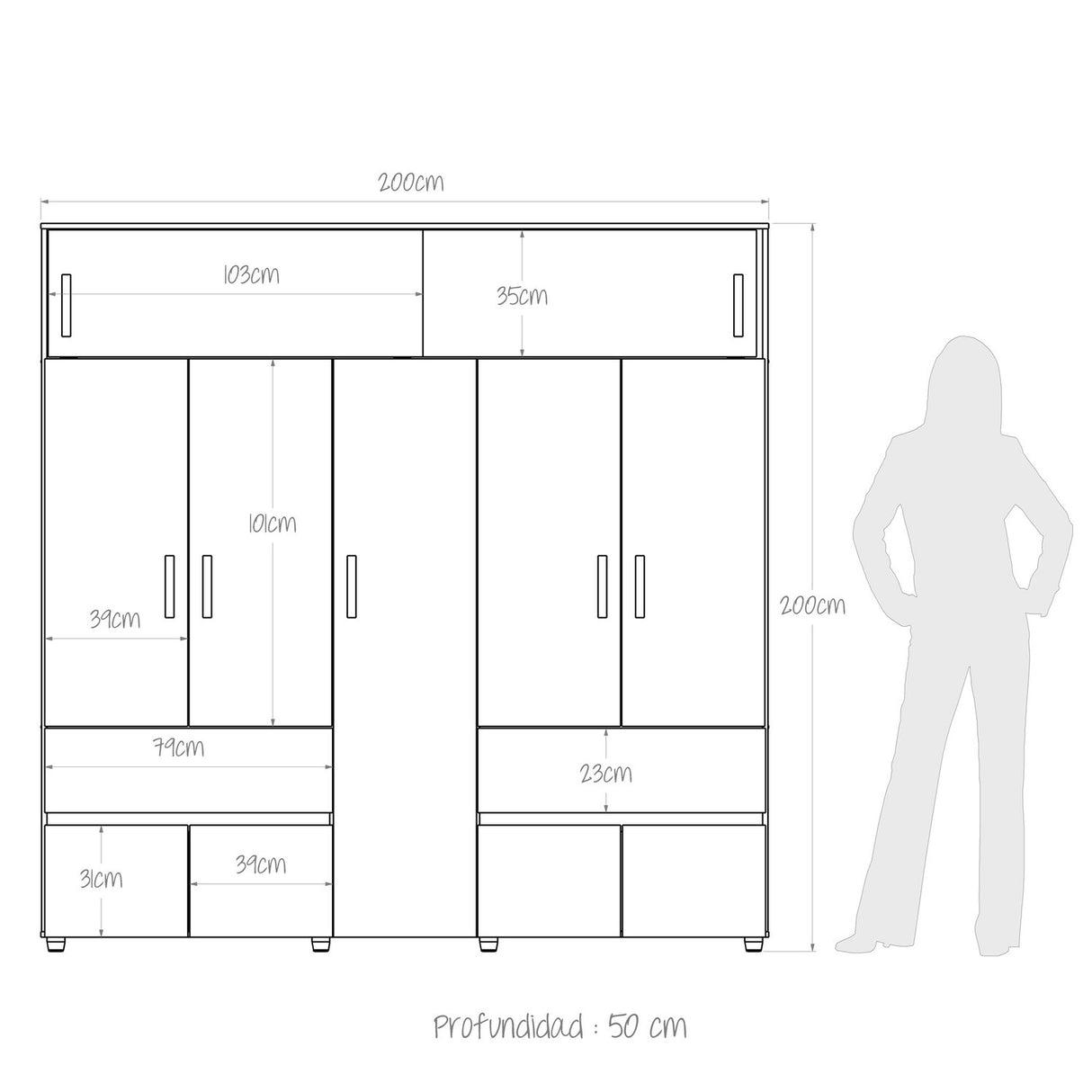 Closet Bari 200 Cm Niebla 2 Cajones 6 Entrepaños Moderno