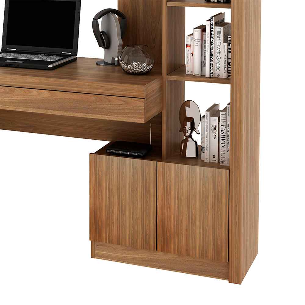 Escritorio Luis Teca 122 cm con Biblioteca, Cajón y Puertas - Escritorios y Archivadores | Bylmo