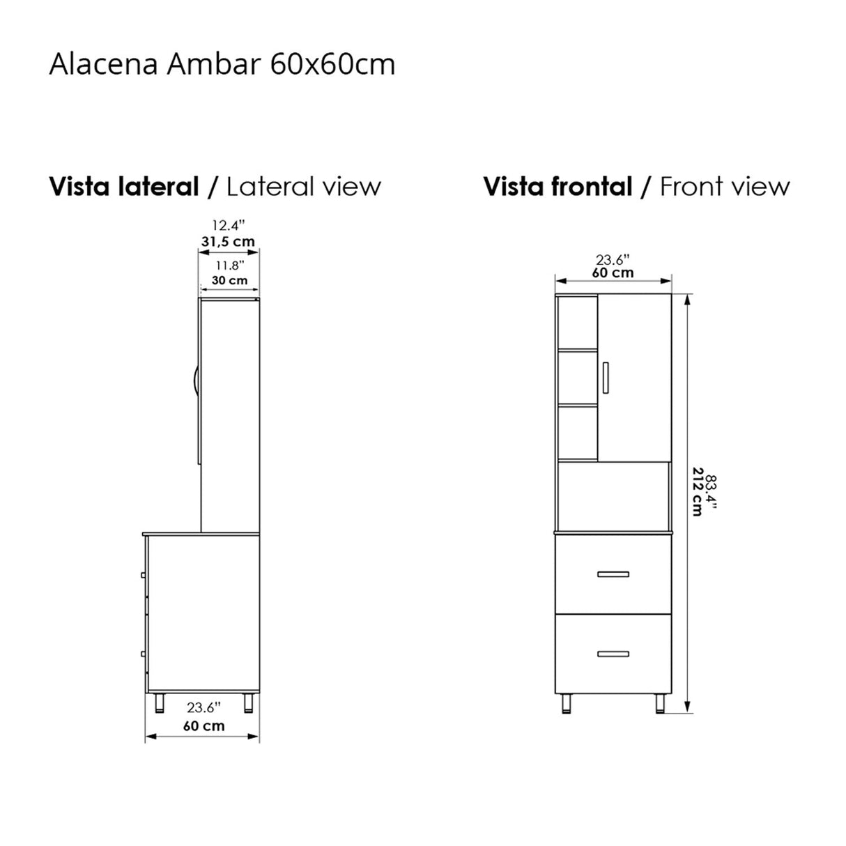 Alacena Ambar Mitte Tambo 60x212cm con Dos Entrepaños y con Una Puerta - Alacenas y Muebles Microondas | Bylmo