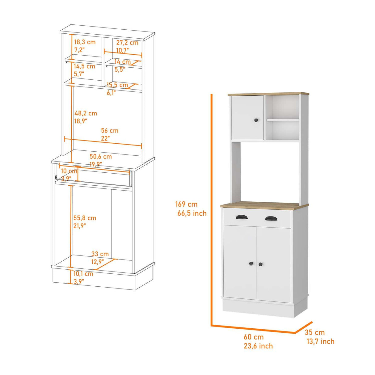 Alacena Z Plus Blanco y Macadamia 60x169cm con Dos Entrepaños y con Tres Puertas - Alacenas y Muebles Microondas | Bylmo