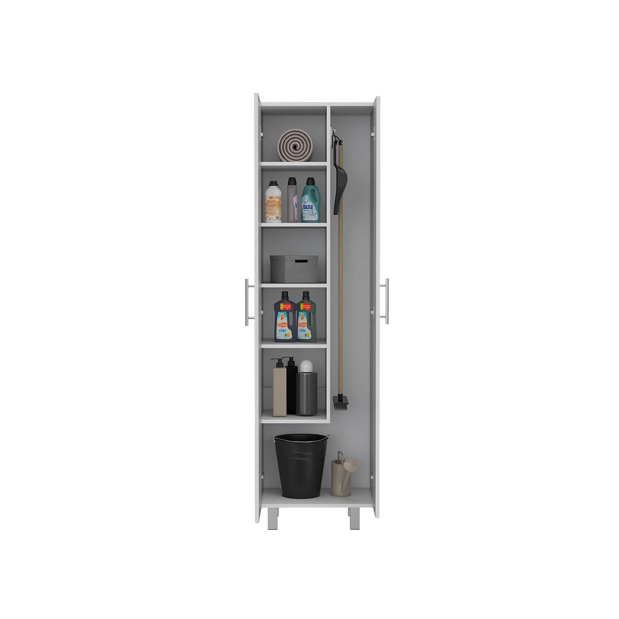 Alacena París Blanca 181 cm x 51 cm con 2 Puertas y 6 Entrepaños, Compartimiento con Ganchos para Guardar Elementos de Aseo - Alacenas y Muebles Microondas | Bylmo