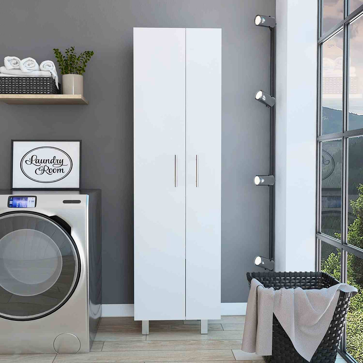 Alacena París Blanca 181 cm x 51 cm con 2 Puertas y 6 Entrepaños, Compartimiento con Ganchos para Guardar Elementos de Aseo - Alacenas y Muebles Microondas | Bylmo
