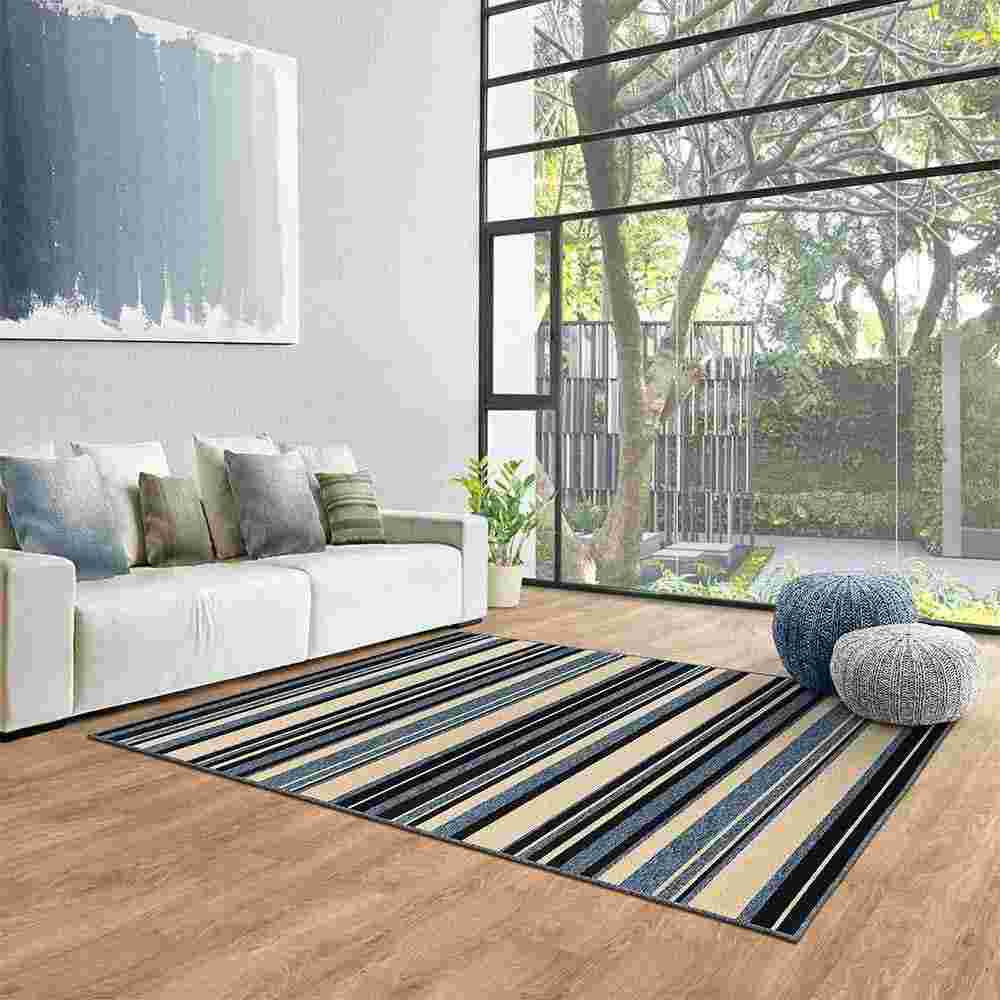Alfombra Newark 150 cm x 200 cm de Hogar Azul Oscuro con Lineas - Tapetes y Alfombras | Bylmo