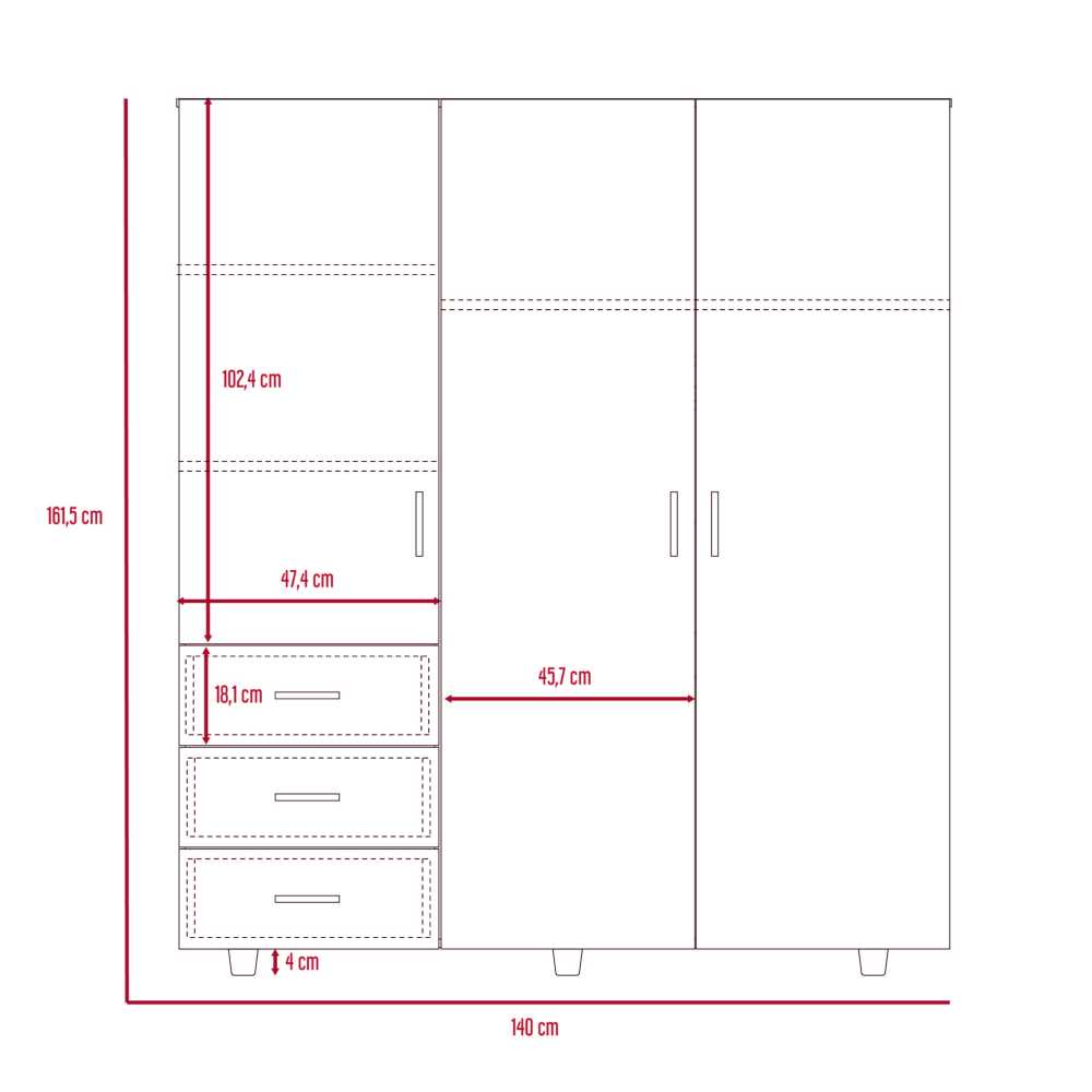 Closet Verona Wengue 140 cm con Tres Puertas y Tres Cajones - Closets | Bylmo