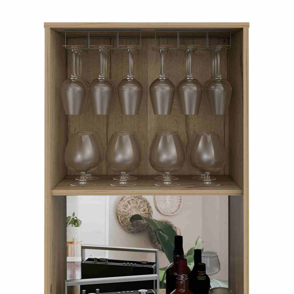 Bar Alto Prana Duna 58 cm con Entrepaño, Puerta y Colgador de Copas - Bares | Bylmo