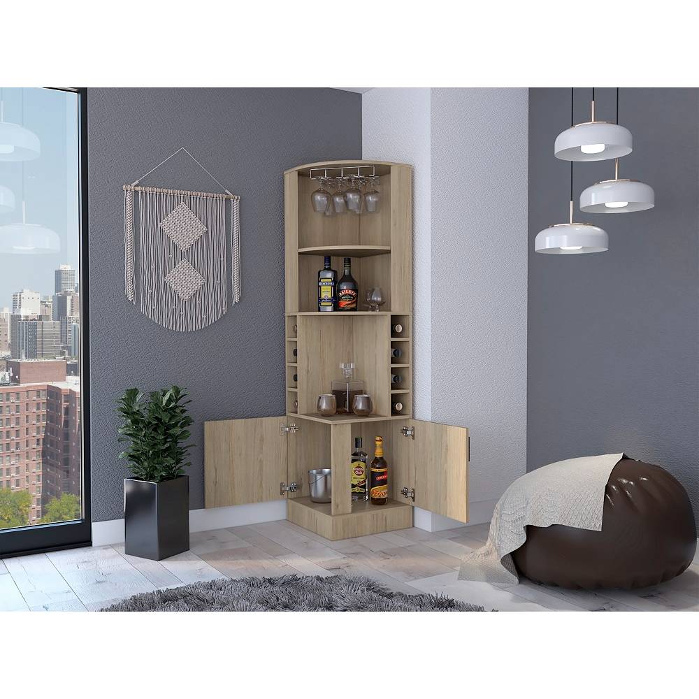 Bar Esquinero Kava Rovere 46.9x180cm con Un Cajón y con Ocho Portabotellas - Bares | Bylmo